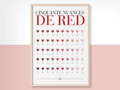 Affiche dessinée représentant 50 verres de vin rouge, légendée 50 nuances de red